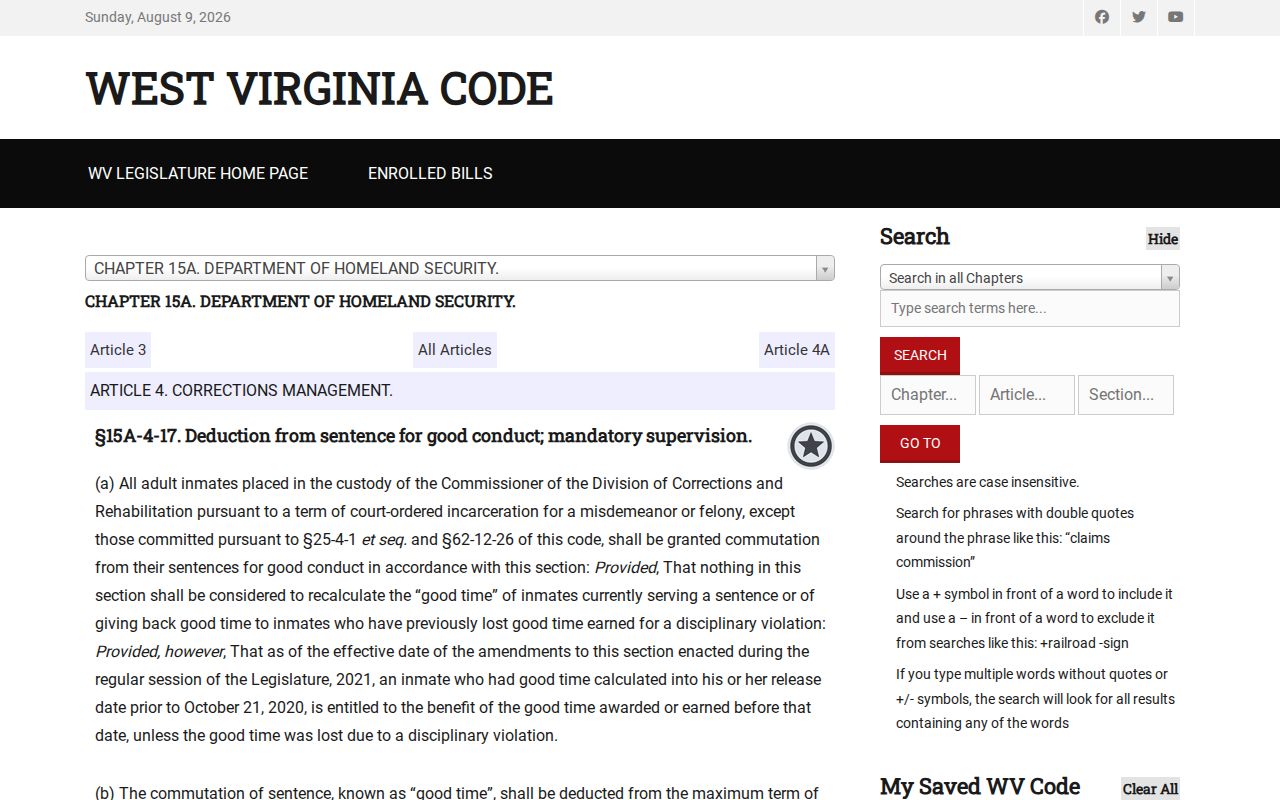 West Virginia Code section 15A-4-17 good-time statute