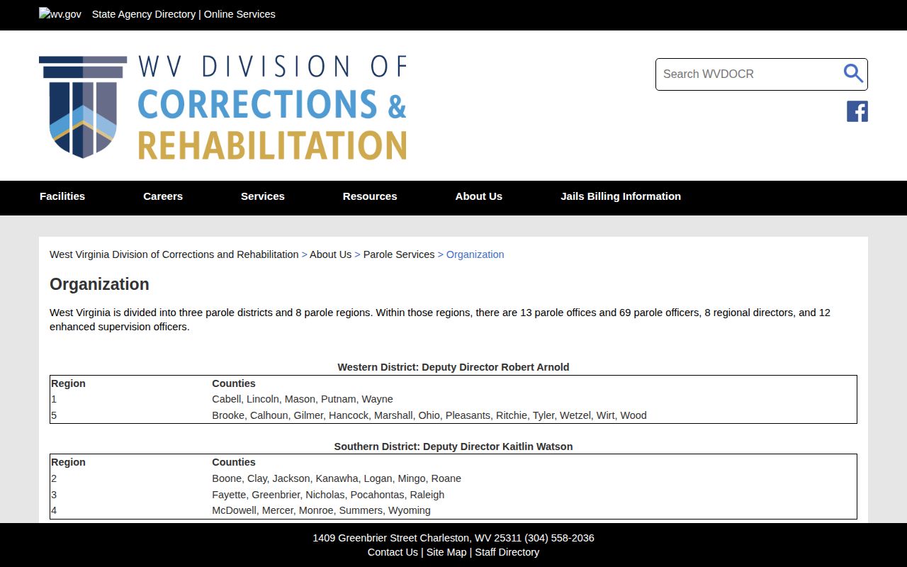 WVDCR Parole Services organization page showing Region 4