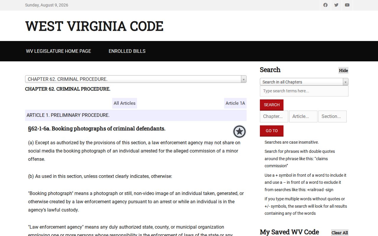 Wyoming County release mugshot social-media law in West Virginia Code